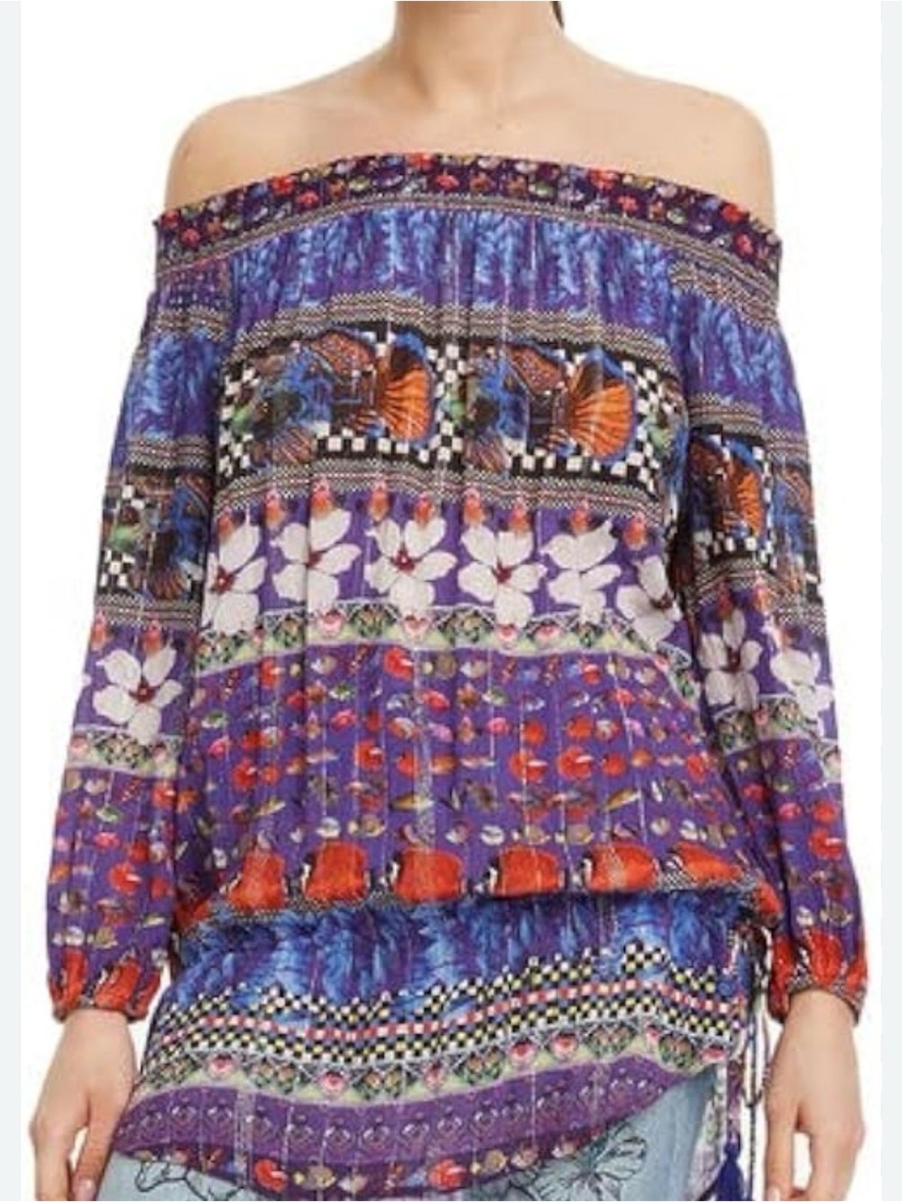 Desigual Andrea On/Off Shoulder Blouse Tunic Top Size S Boho Tassels Metallic